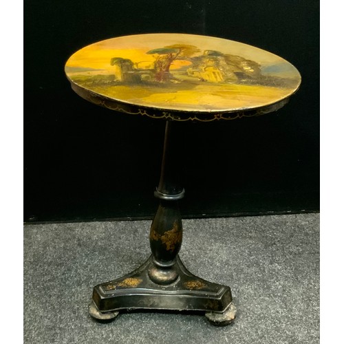 170 - A Victorian painted papier-mache occasional table, the tilting top painted with figures within class... 