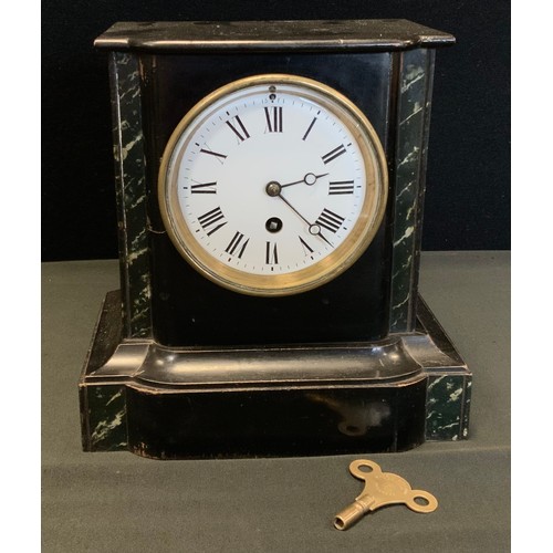 180 - Clocks - a French ebonised and vert marble effect mantle clock, Charles Vincent movement, 22.5cm hig... 