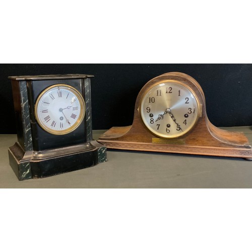 180 - Clocks - a French ebonised and vert marble effect mantle clock, Charles Vincent movement, 22.5cm hig... 