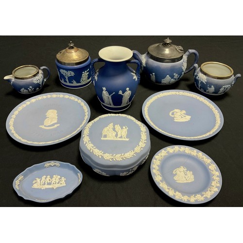 198 - A Wedgwood pale blue jasperware three piece tea set, preserve jar, plates, trinket box and cover etc... 