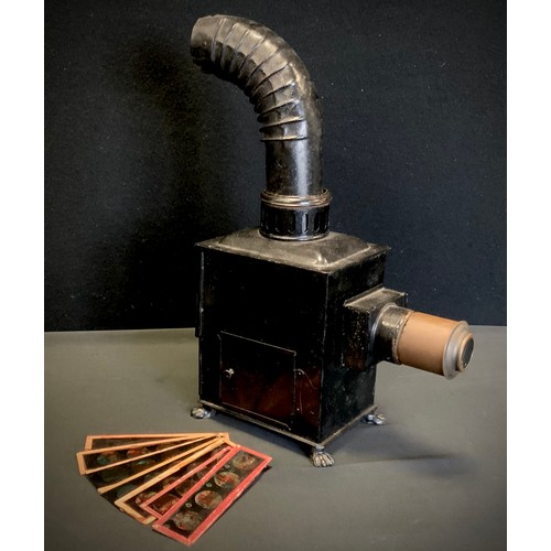 469 - A Gloria E.P Duplex burner magic lantern, conforming slides depicting Victorian cartoons, scenery; o... 