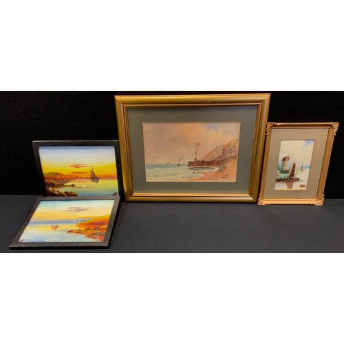 485 - English School - a pair, Twilight Sails & Rowing to Shore, oils on milk glass panels, signed, 14cm x... 