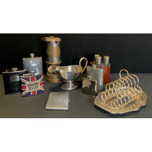 608 - A leather cased three bottle drinks flask, Whisky, Gin, Cognac, others silver plated, pewter etc;  t... 