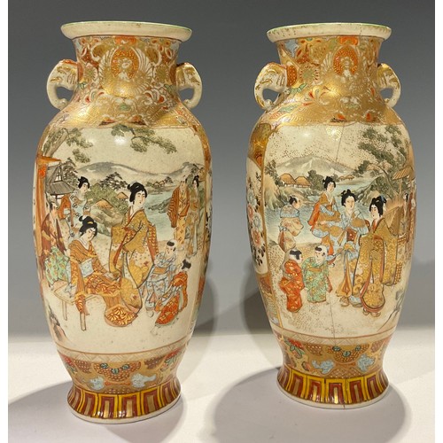 12 - A pair of Japanese satsuma ovoid vases, decorated with courtyard and battle scenes, elephant mask ha... 