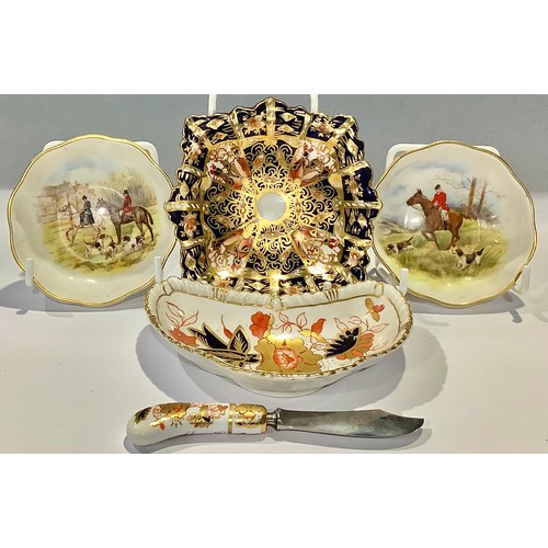 18 - A Royal Crown Derby 2451 pattern shaped square trinket dish; a pair of hunting scene trinket dishes;... 
