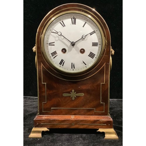 28 - A late 19th century mahogany domed bracket type mantel clock, brass inlay, pair of lion mask loop ha... 