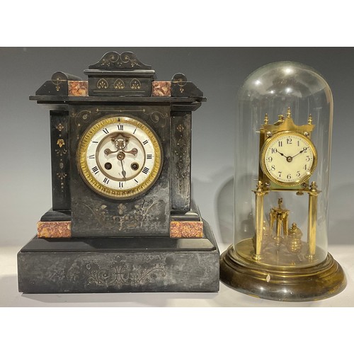 30 - A 19th century Belge noir architectural mantel clock, 33.5cm high; a brass torsion clock, glass dome... 