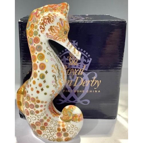 45 - A Royal Crown Derby paperweight, Swirl Seahorse, 16cm high, gold stopper, 16cm, printed mark, boxed
