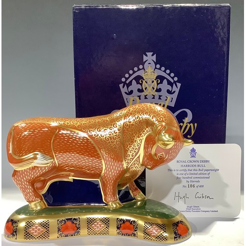 50 - A Royal Crown Derby paperweight, Harrods Bull, specially commissioned by Harrods, limited edition of... 