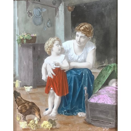 52 - A late 19th century decorative printed tile, hand tinted in bright colours, mother and child in a co... 
