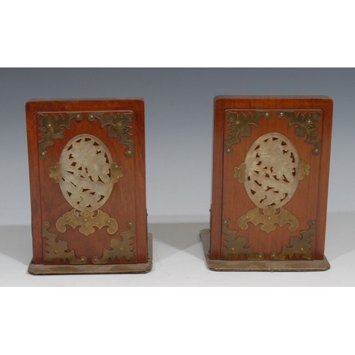 56 - A pair of Chinese jade mounted hardwood bookends, applied in brass cut-card work with bats, 16cm hig... 