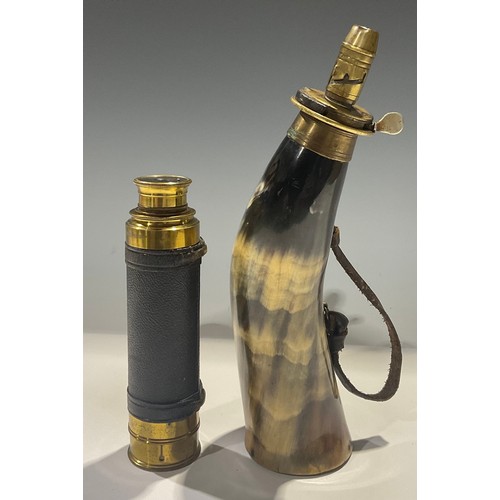 65 - A brass three draw telescope, with lens cap; a horn shot flask (2)