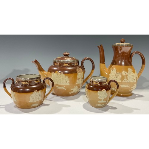 71 - A Doulton Lambeth salt glazed harvest coffee pot, Birmingham 1904; others, teapot, Sheffield 1913; a... 