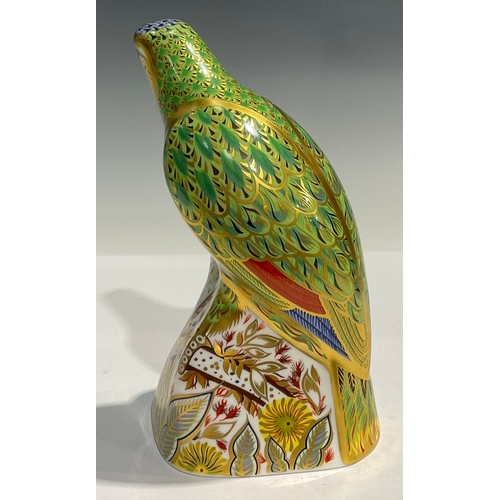 80 - A Royal Crown Derby Bird paperweight, Amazon Green Parrot, limited edition 1,082/2,500, gold stopper... 