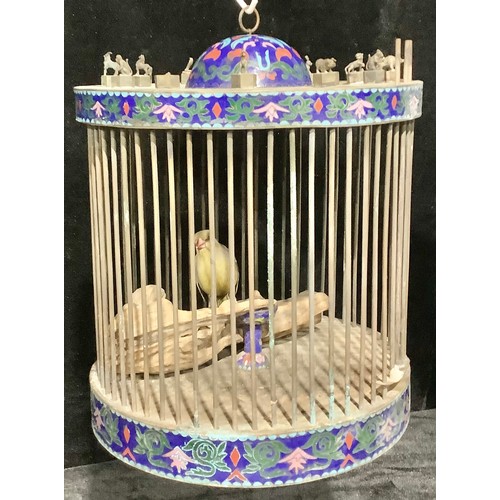 126 - A Chinese cloisonne drum shaped bird cage, the cover mounted with animals of the Chinese zodiac, 32c... 