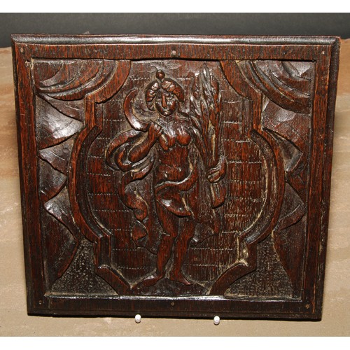 154 - A pair of North European oak panels, carved with figures emblematic of the Autumn and Winter, 19cm x... 