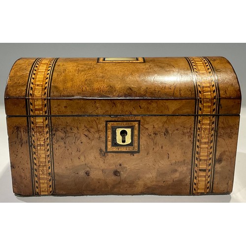 163 - A Victorian walnut and marquetry banded dome top walnut tea caddy, rectangular mother of pearl carto... 