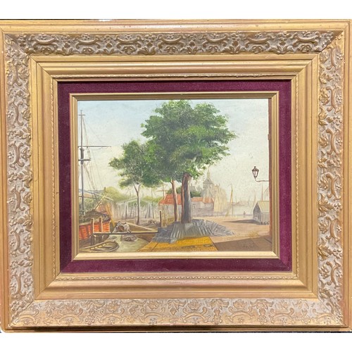 287 - Hashof  
Dutch Harbour Scene 
signed, oil on board, 19cm x 24cm