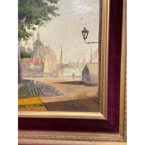 287 - Hashof  
Dutch Harbour Scene 
signed, oil on board, 19cm x 24cm