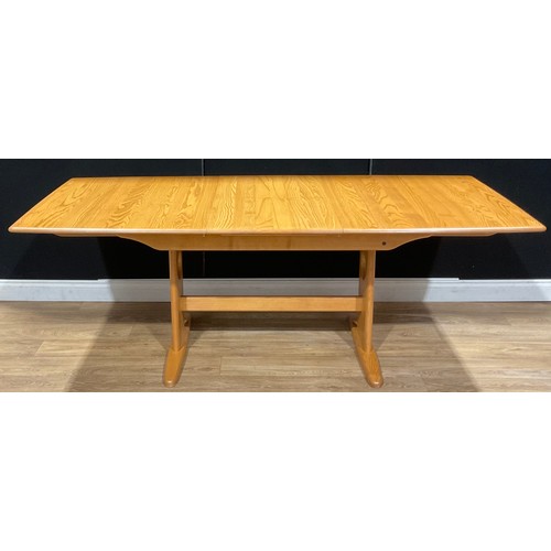 104 - An Ercol extending table, 72.5cm high, 152cm opening to 202.5cm long, 92cm wide; a set of four Ercol... 