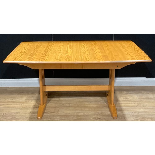 104 - An Ercol extending table, 72.5cm high, 152cm opening to 202.5cm long, 92cm wide; a set of four Ercol... 