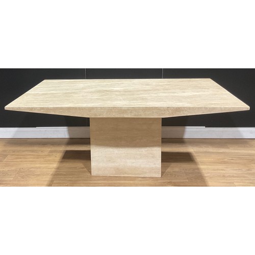 120 - A contemporary travertine dining table, 73.5cm high, 170cm long, 100cm wide; a set of six dining cha... 