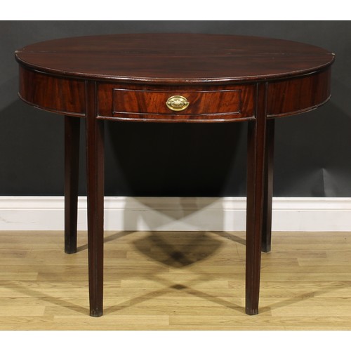 212 - A George III mahogany demilune tea table, hinged top above a single frieze drawer, tapered legs, 73c... 