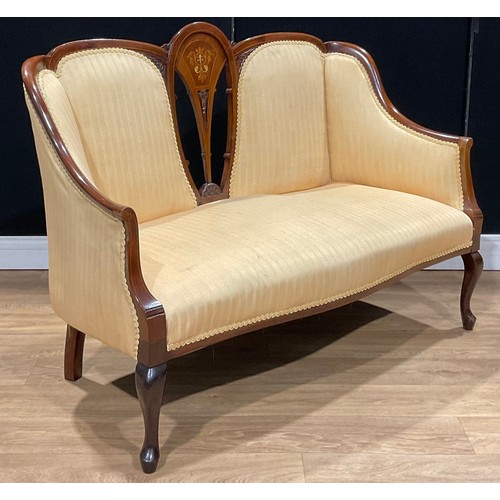 220 - A French Hepplewhite style mahogany and marquetry sofa, 92.5cm high, 125.5cm wide, early 20th centur... 