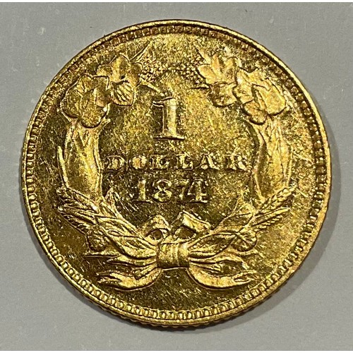 925 - Coins - an American gold $1 coin, wreath, 1874