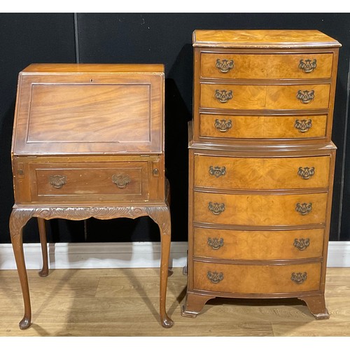 205A - A George III style walnut veneer chest, 108.5cm high, 58cm wide, 37cm deep; a George II style bureau... 