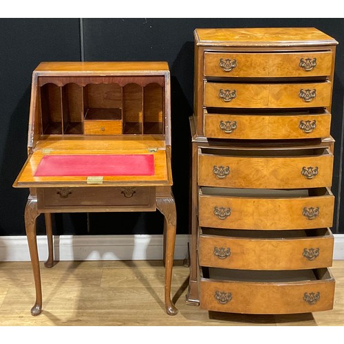 205A - A George III style walnut veneer chest, 108.5cm high, 58cm wide, 37cm deep; a George II style bureau... 