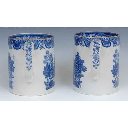 25 - A pair of early 19th century pearlware porter mugs, transfer printed with Chinese pagoda landscapes,... 