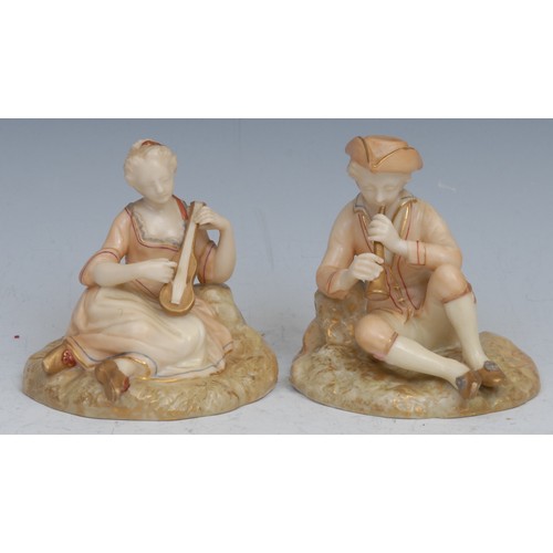 61 - A pair of Royal Worcester figures, as young man and lady musicians, in 18th century costume, he play... 