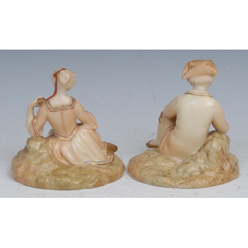 61 - A pair of Royal Worcester figures, as young man and lady musicians, in 18th century costume, he play... 