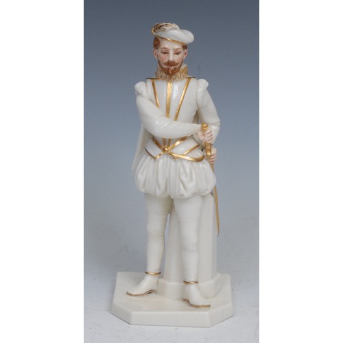 63 - A rare Royal Worcester figure, after James Hadley, Sir Walter Raleigh, standing holding his sword, p... 