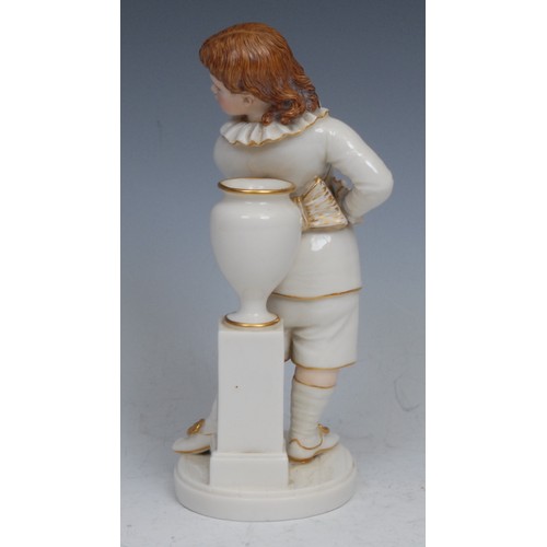 79 - A Royal Worcester figure, of a boy stood next to a vase and pedestal, picked out in flesh tones and ... 