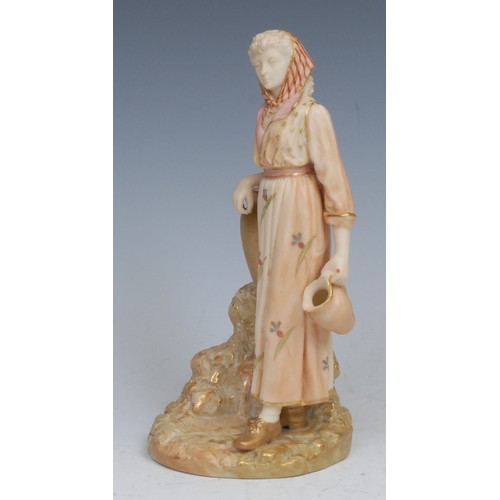 64 - A Royal Worcester blush ivory figure, of a female water carrier, 16cm high, printed crown and circle... 