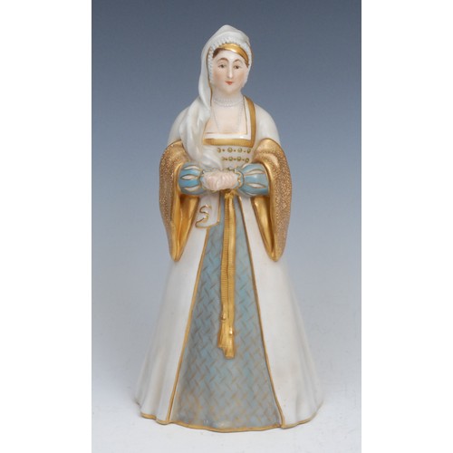 77 - A Royal Worcester figure, Anne Boleyn, decorated in flesh tones, pale blue and gilt, 21.5cm high, pr... 