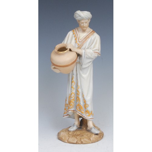 81 - A Royal Worcester figure, of a Middle Eastern water carrier, decorated in flesh tones and gilt, his ... 