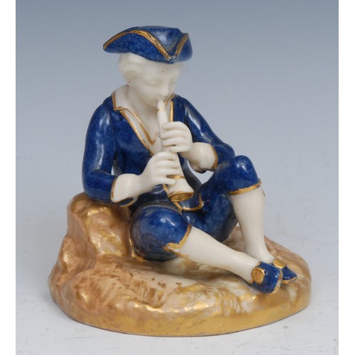 78 - A Royal Worcester figure, of a boy seated playing a pipe, decorated in powder blue, 10cm high, print... 