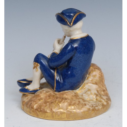 78 - A Royal Worcester figure, of a boy seated playing a pipe, decorated in powder blue, 10cm high, print... 