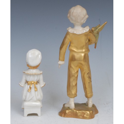 108 - Royal Worcester figure, after James Hadley, of a girl, on a chair, she with hands on her knee, in fl... 