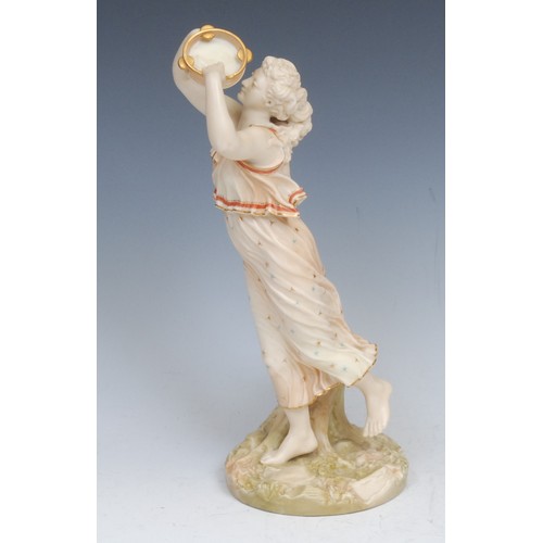 72 - A Royal Worcester figure, after James Hadley, emblematic of music and joy, dancing holding a tambour... 