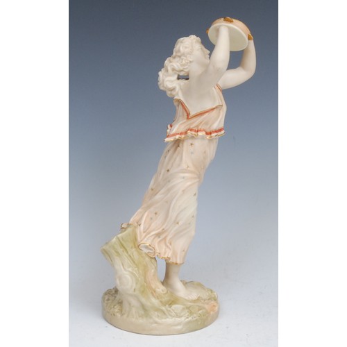 72 - A Royal Worcester figure, after James Hadley, emblematic of music and joy, dancing holding a tambour... 