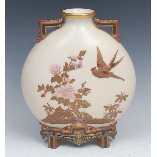 89 - A Royal Worcester moon flask, in Japanesque style, in relief with bird and flowers, in colours picke... 