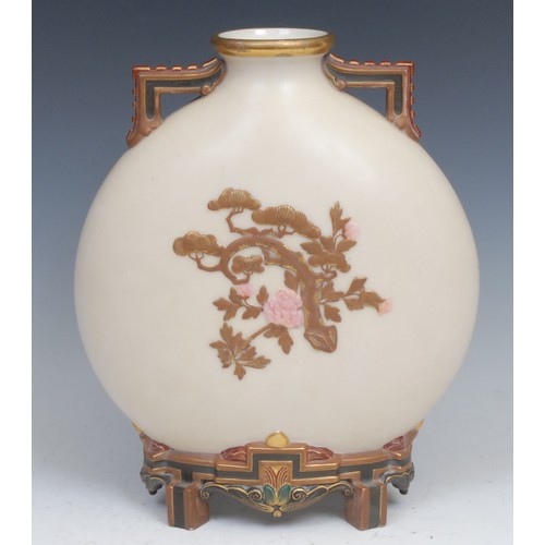 89 - A Royal Worcester moon flask, in Japanesque style, in relief with bird and flowers, in colours picke... 