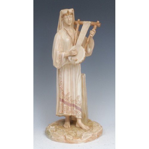 80 - A Royal Worcester figure, of a Egyptian musician, modelled by James Hadley, the figure in Eastern dr... 