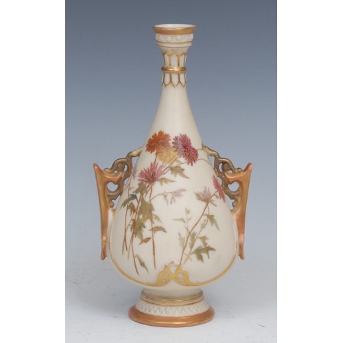 86 - A Royal Worcester Hadley's style ovoid bottle vase, painted with roses, 18.5cm high, printed crown a... 