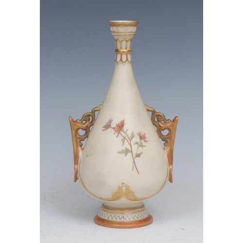 86 - A Royal Worcester Hadley's style ovoid bottle vase, painted with roses, 18.5cm high, printed crown a... 