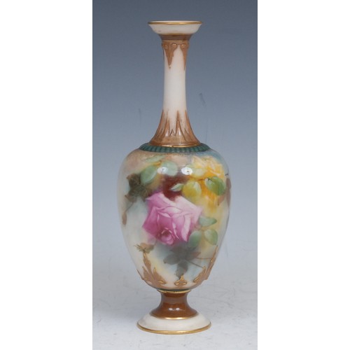 86 - A Royal Worcester Hadley's style ovoid bottle vase, painted with roses, 18.5cm high, printed crown a... 